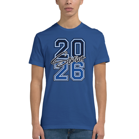 Blått och vitt "2026 Senior" tryck på en kungsblå t-shirt med rund hals, college-stil.