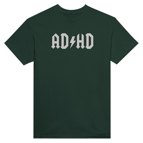 Mörkgrön t-shirt med kaxigt AD/HD tryck i vintage metal-stil