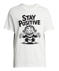 Tecknad apa med stora ögon och texten "STAY POSITIVE" på vit premium T-shirt.