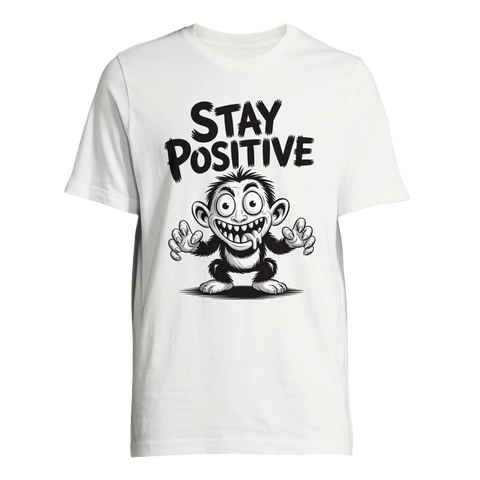 Tecknad apa med stora ögon och texten "STAY POSITIVE" på vit premium T-shirt.