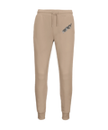 Beigefärgade sweatpants i ekologisk bomullsmix med diskret statement-motiv