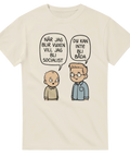 Beige t-shirt med roligt citat-tryck och minimalistisk illustration av två karaktärer