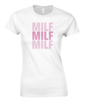 Rosa MILF-text i tre rader – minimalistisk t-shirt med attityd