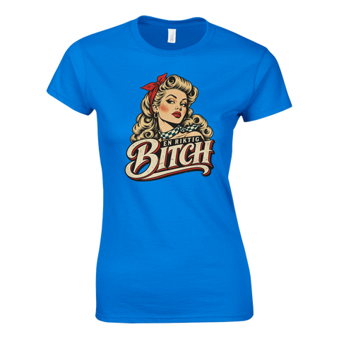 Klassisk 50-tals pinuppa med texten En riktig bitch tryckt på kungsblå dammodell