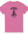 Svart "Cykla Psykiskt" tryck med cyklist och text "Att trampa i tankar en inre tur" på rosa t-shirt.