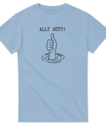Tecknad hand med tummen upp ur vatten, text "ALLT GÖTT!" på ljusblå t-shirt.