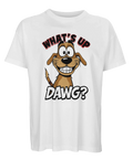Vit ekologisk t-shirt med lekfull illustration av en flinande hund
