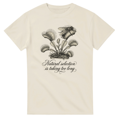Elegant skrivstil och köttätande växt i retrostil – t-shirt med tryck