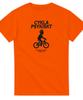 Svart cyklist med hjärnvågor och text "CYKLA PSYKISKT" på orange t-shirt.