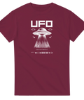 Vinröd t-shirt med vitt tryck av ett UFO som strålar ljus i rymden