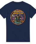 Retro spökhus-motiv i badge-stil på en marinblå t-shirt