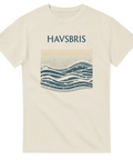 Stiliserat havsmotiv i retrostil på en naturvit t-shirt