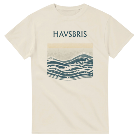 Stiliserat havsmotiv i retrostil på en naturvit t-shirt