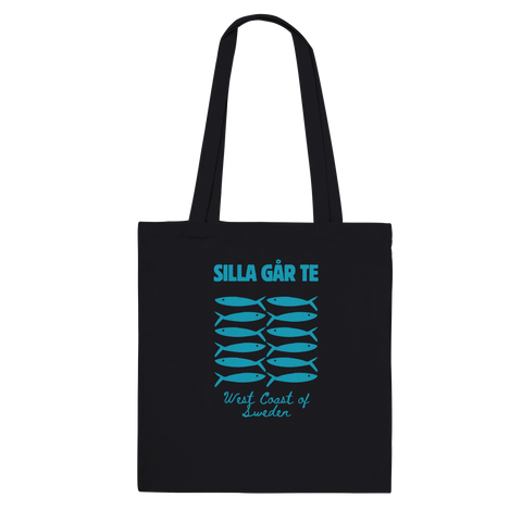 svart tygkasse med blått sillmotiv och texten Silla går te