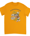 Surströmming burk med tillbehör och text på gul t-shirt.