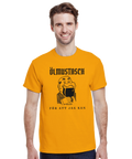 Ölmustasch-tryck med tecknad man drickandes öl, text "FÖR ATT JAG KAN" på gul t-shirt.