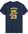Marinblå t-shirt med retroinspirerad design av Sveriges grundande