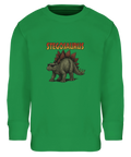 Grön sweatshirt med en kaxig Stegosaurus i detaljrik grafisk stil