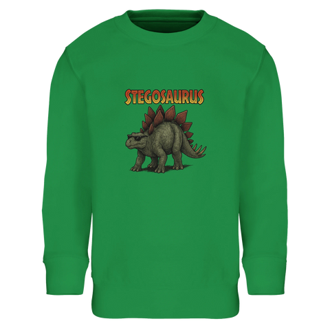 Grön sweatshirt med en kaxig Stegosaurus i detaljrik grafisk stil