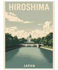 Grafisk illustration av en flod i Hiroshima med en valvbro och symmetrisk kupolbyggnad i mid-century travel-stil.