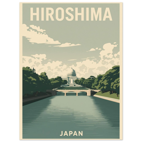 Grafisk illustration av en flod i Hiroshima med en valvbro och symmetrisk kupolbyggnad i mid-century travel-stil.