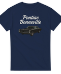 Pontiac Bonneville 1967 Coupe, svart illustration med vit text på marinblå t-shirt.
