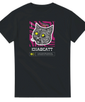 Psykedeliskt kattmotiv med gula ögon på svart t-shirt – Knaskatt design