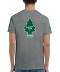 Grå t-shirt med grön "Raggarsvin Skogsfrisk" doftgransdesign på rygg och ärm.