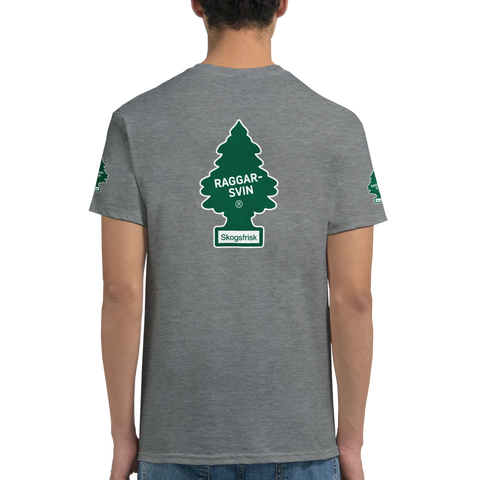 Grå t-shirt med grön "Raggarsvin Skogsfrisk" doftgransdesign på rygg och ärm.