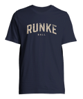 Marinblå t-shirt med vintageinspirerat Runke Ball-tryck i sliten typografi