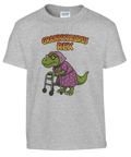 Tecknad Grannysaurus Rex med rullator och text på grå barn-t-shirt.