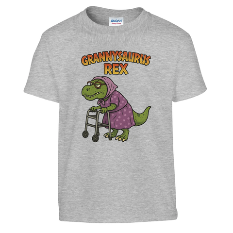 Tecknad Grannysaurus Rex med rullator och text på grå barn-t-shirt.