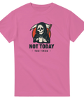 Närbild på trycket: en trött lieman med texten 'Not Today'.
