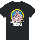 Svart t-shirt med grafiskt tryck av en glad grillgris i vintage-stil