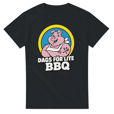Svart t-shirt med grafiskt tryck av en glad grillgris i vintage-stil