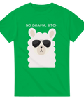 Vitt lama-huvud med svarta solglasögon och texten "NO DRAMA, BITCH" på grön t-shirt.