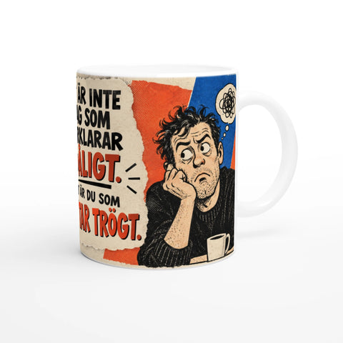 Serietecknad förvirrad man med tankebubbla i vintage-stil på kaffemugg