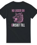Kaxigt tryck med ett rytande vildsvin och texten Nu ligger du grisigt till