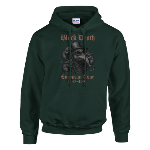 Pestdoktor med råttor, "Black Death European Tour 1347-1351" på mörkgrön hoodie.