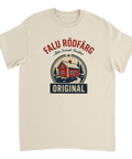 Falu Rödfärg Original tryck med röd stuga och tallar på beige t-shirt.