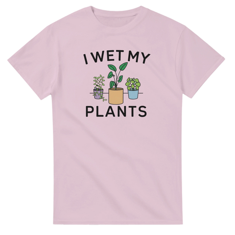 Rolig ordvits för växtälskare med färgglatt blommotiv på en rosa t-shirt