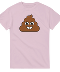 Bajs-emoji med glatt ansikte på ljusrosa t-shirt.