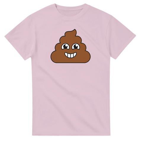 Bajs-emoji med glatt ansikte på ljusrosa t-shirt.