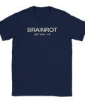 Marinblå t-shirt med ett modernt statement-tryck om digital överbelastning
