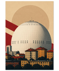 Grafisk illustration av Globen i Stockholm – stilren poster i retrostil