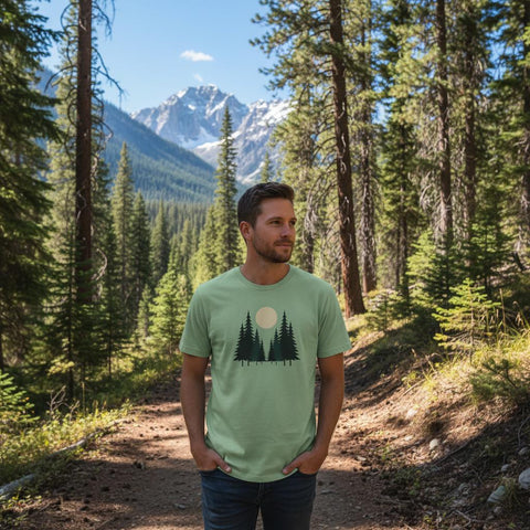 Minimalistiskt skogsmotiv med tre granar och fullmåne på ljusgrön ekologisk t-shirt.