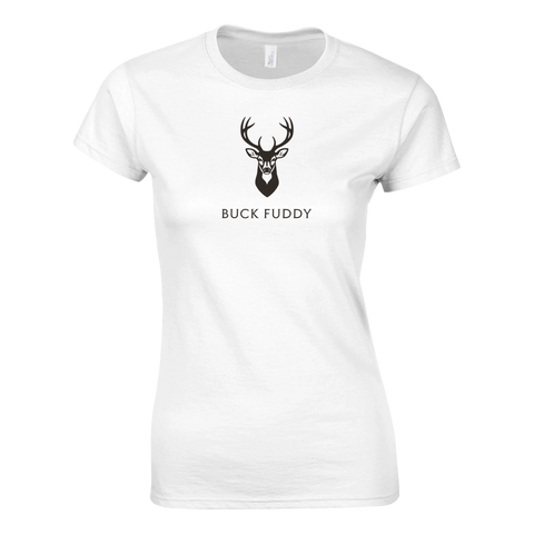 T-shirt med självironisk Buck Fuddy text och grafiskt hjortmotiv