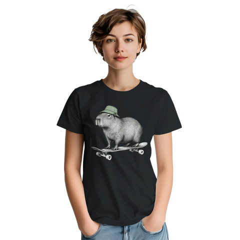 Modell i en svart t-shirt med en kapybara i grön mössa på skateboard.
