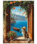 Charmigt kattmotiv i italiensk stil med hav och berg – inredningsposter
