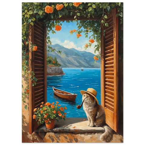 Charmigt kattmotiv i italiensk stil med hav och berg – inredningsposter